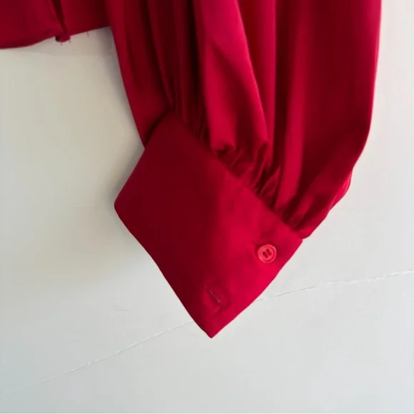 ELOQUII Satin Blouse Size 16 Balloon Sleeve Tie Back Red Holiday Party Top Plus - Picture 11 of 16
